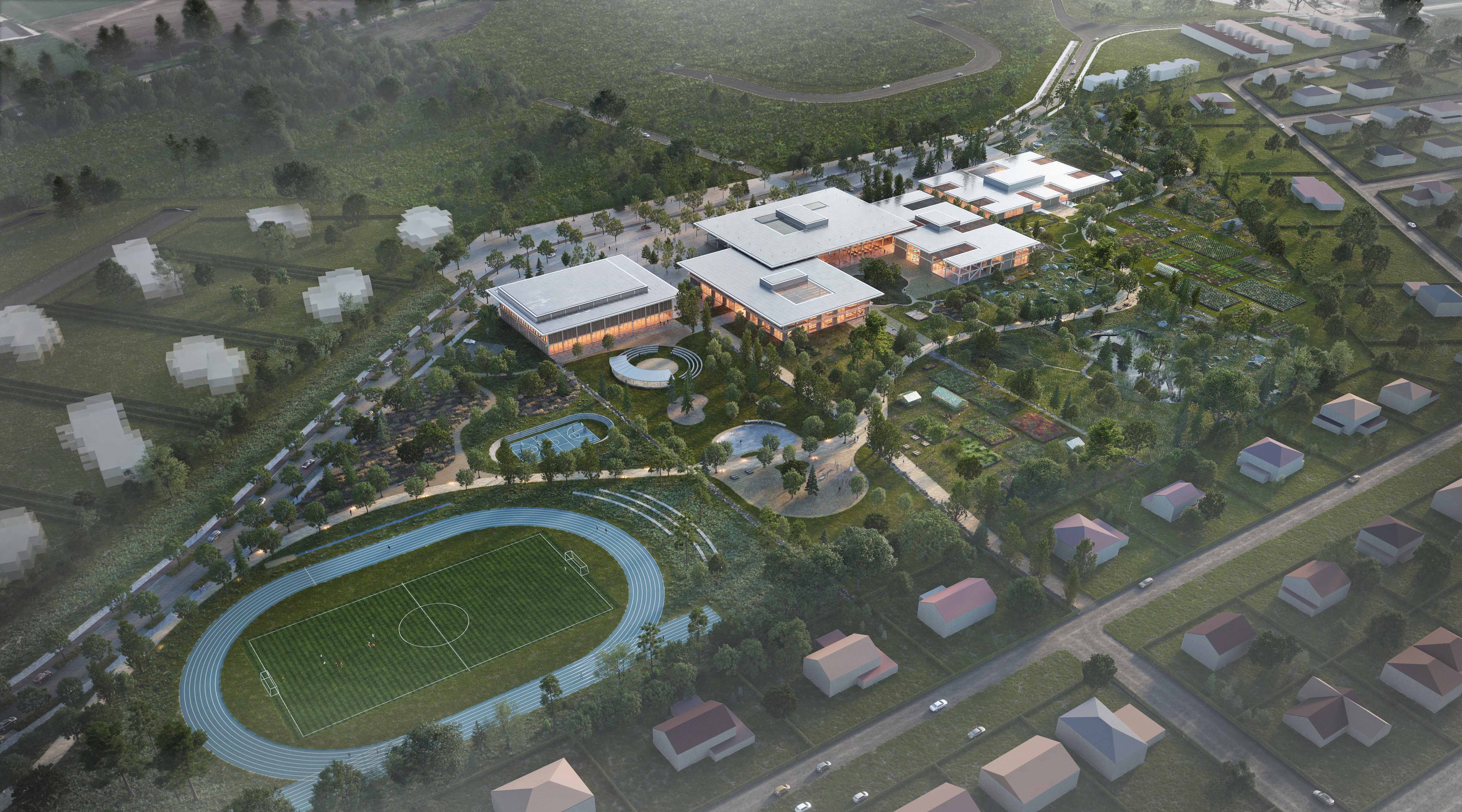 Aerial render of Raadi Education And Community Center