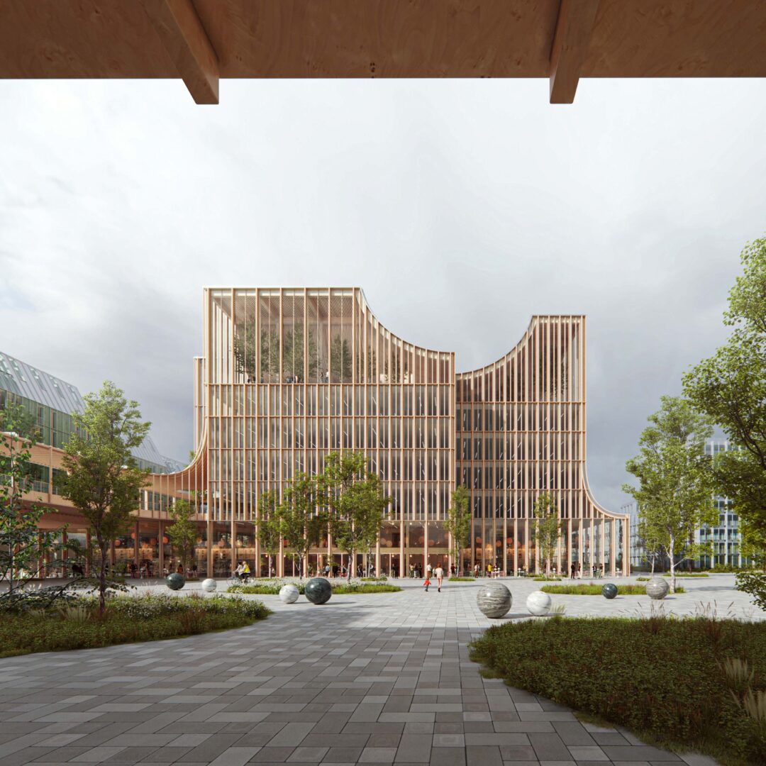 Visualization of Espoolasitentalo competition proposal the wooden "Kohtaamisia" from the square